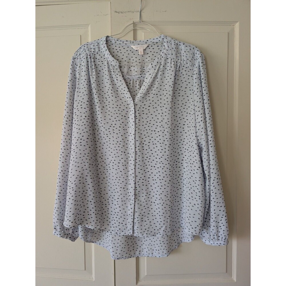 LC Lauren Conrad V-Neck Blouse Baby Blue Button-Up Size XL Shirred EUC